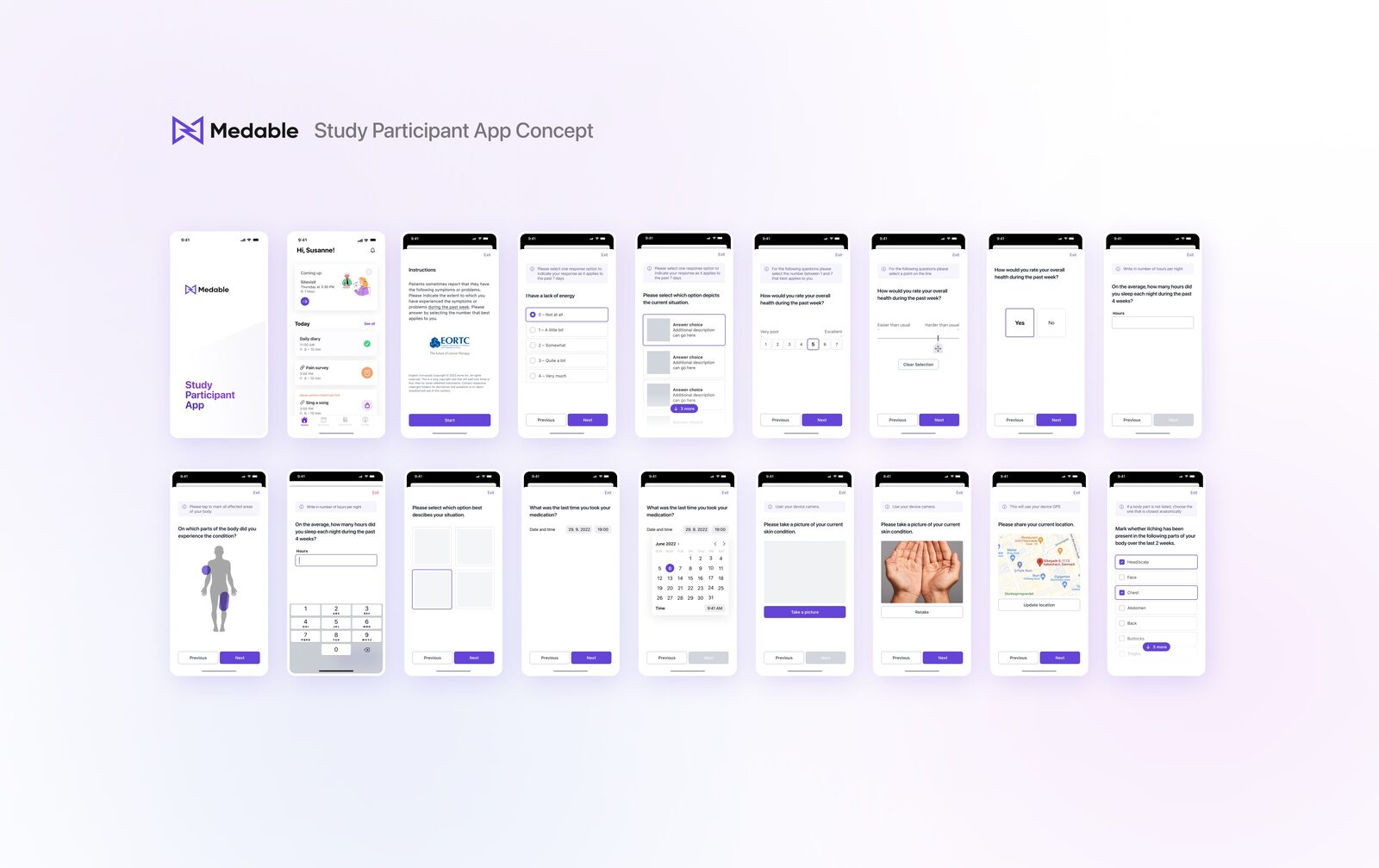 Medable — Study Participant App Concept: a row of mobile screens from the redesigned clinical-trial app