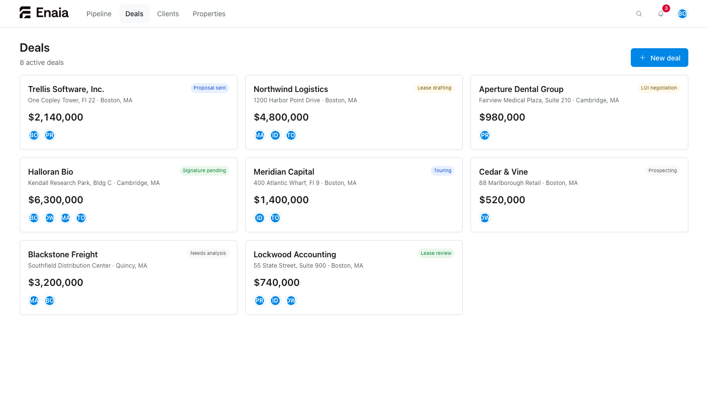 A deal-card grid built with the design system: the product's own app shell, brand-blue actions and semantic status pills.