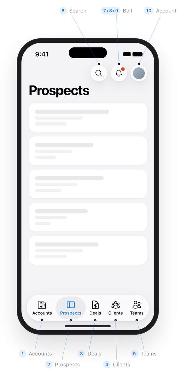 Five tabs mapped one to one from desktop