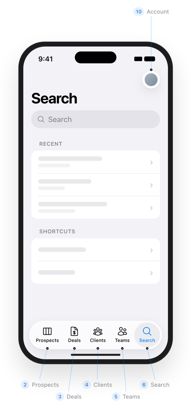 Search tab with recent items and shortcuts