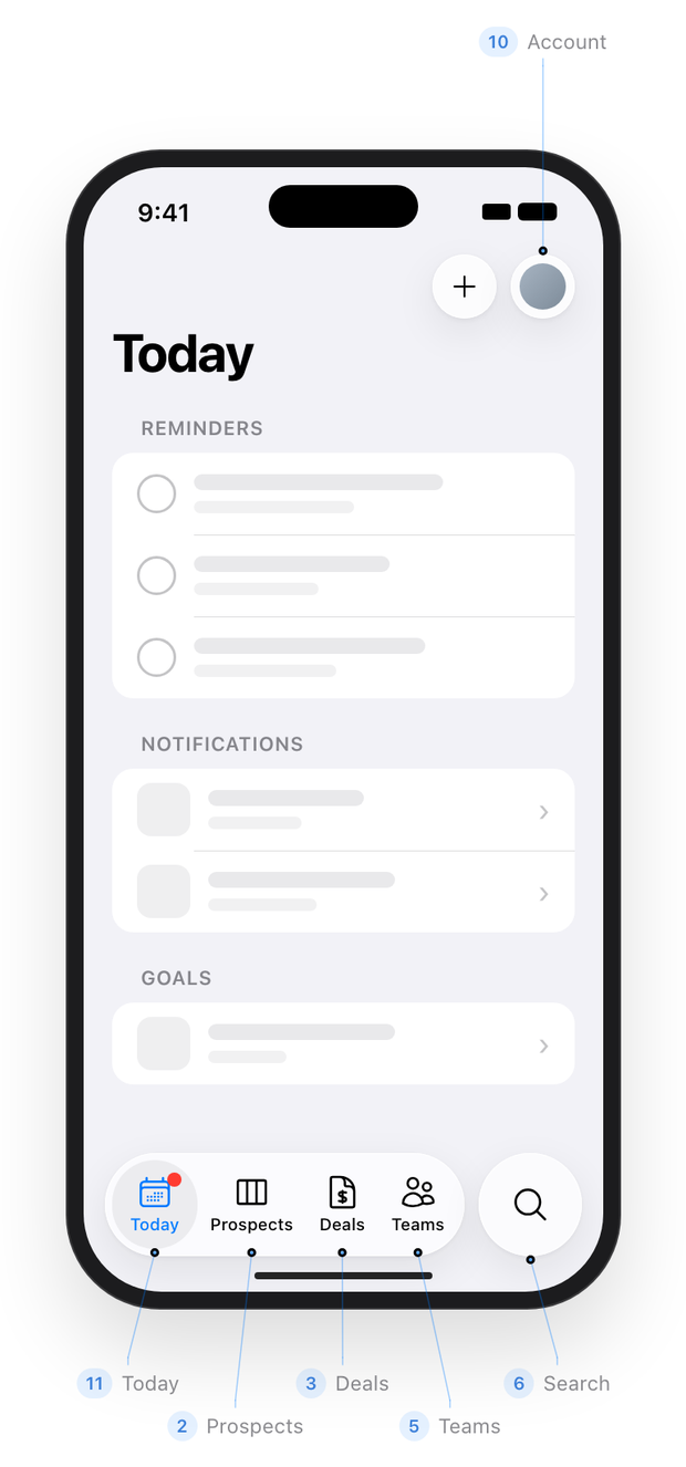 Today tab with reminders, notifications and goals