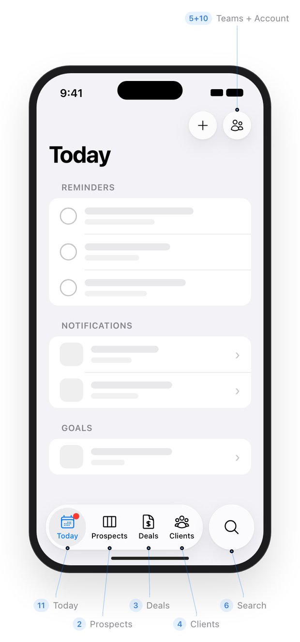 Teams button in the navigation bar, Clients back in the tab bar