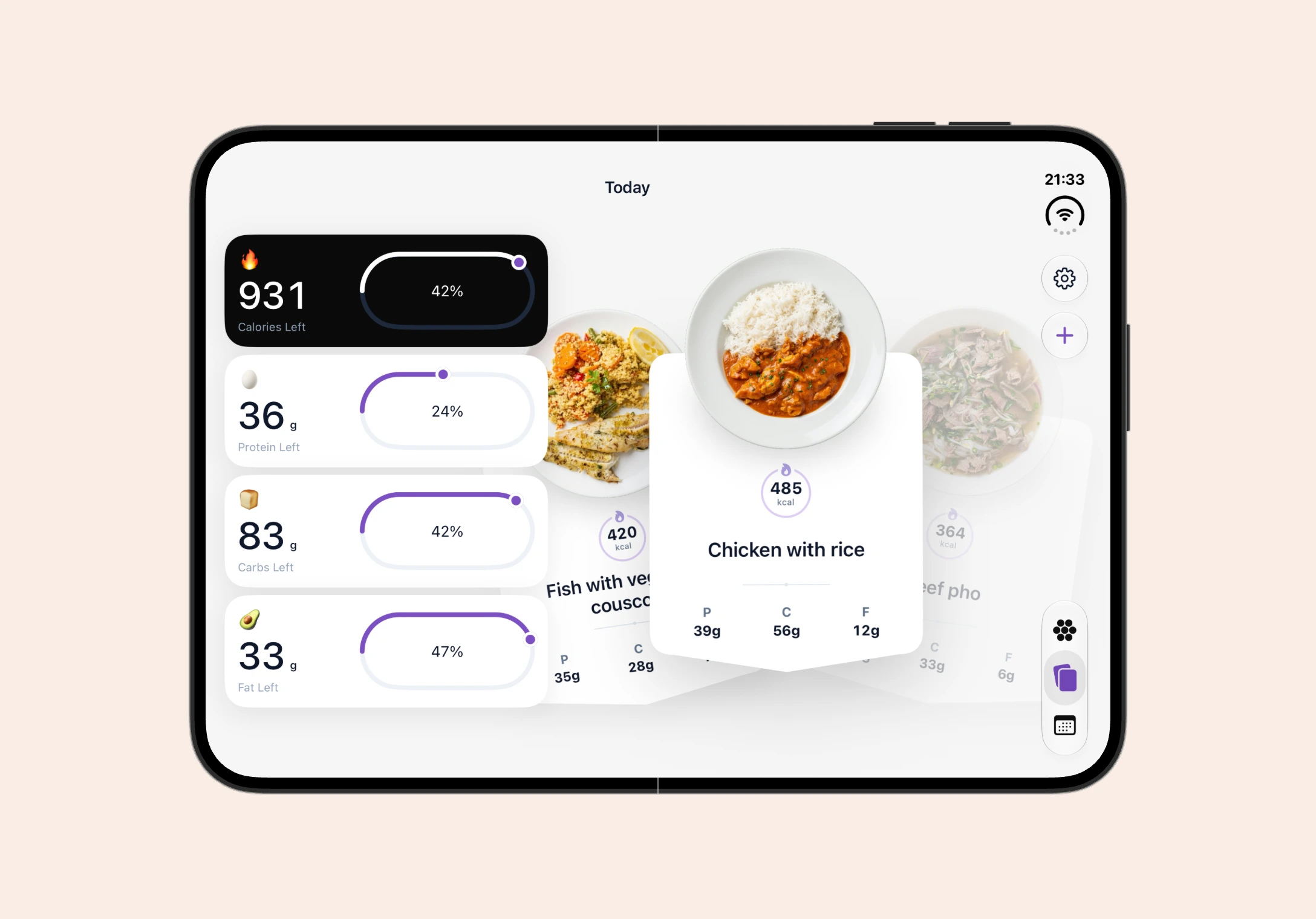 Boocheck’s meal carousel and daily nutrition summary inside the unfolded iPhone Duo frame