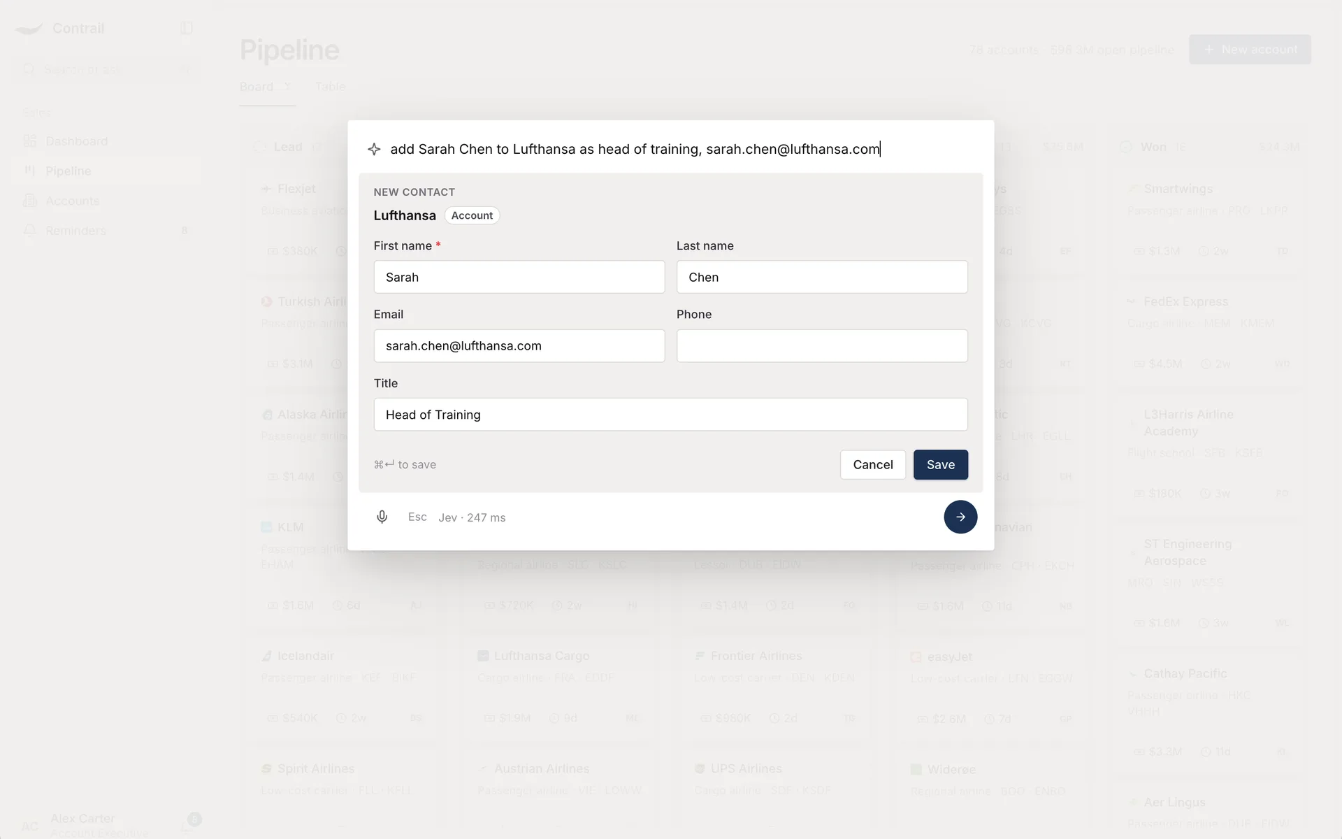 A Jev command bar filling in a new contact form from a typed sentence
