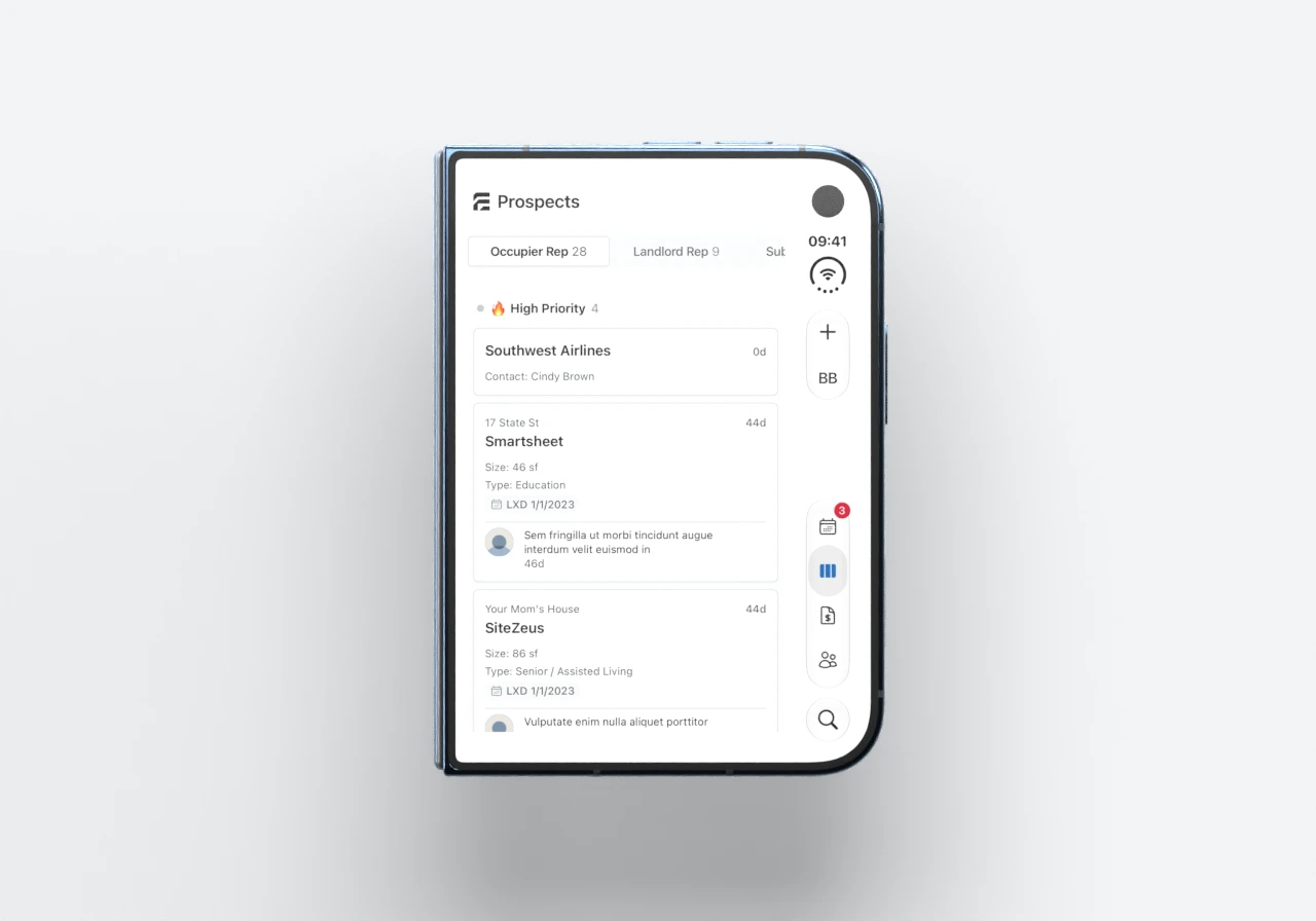 Enaia's Prospect Tracker on iPhone Duo, with native side navigation