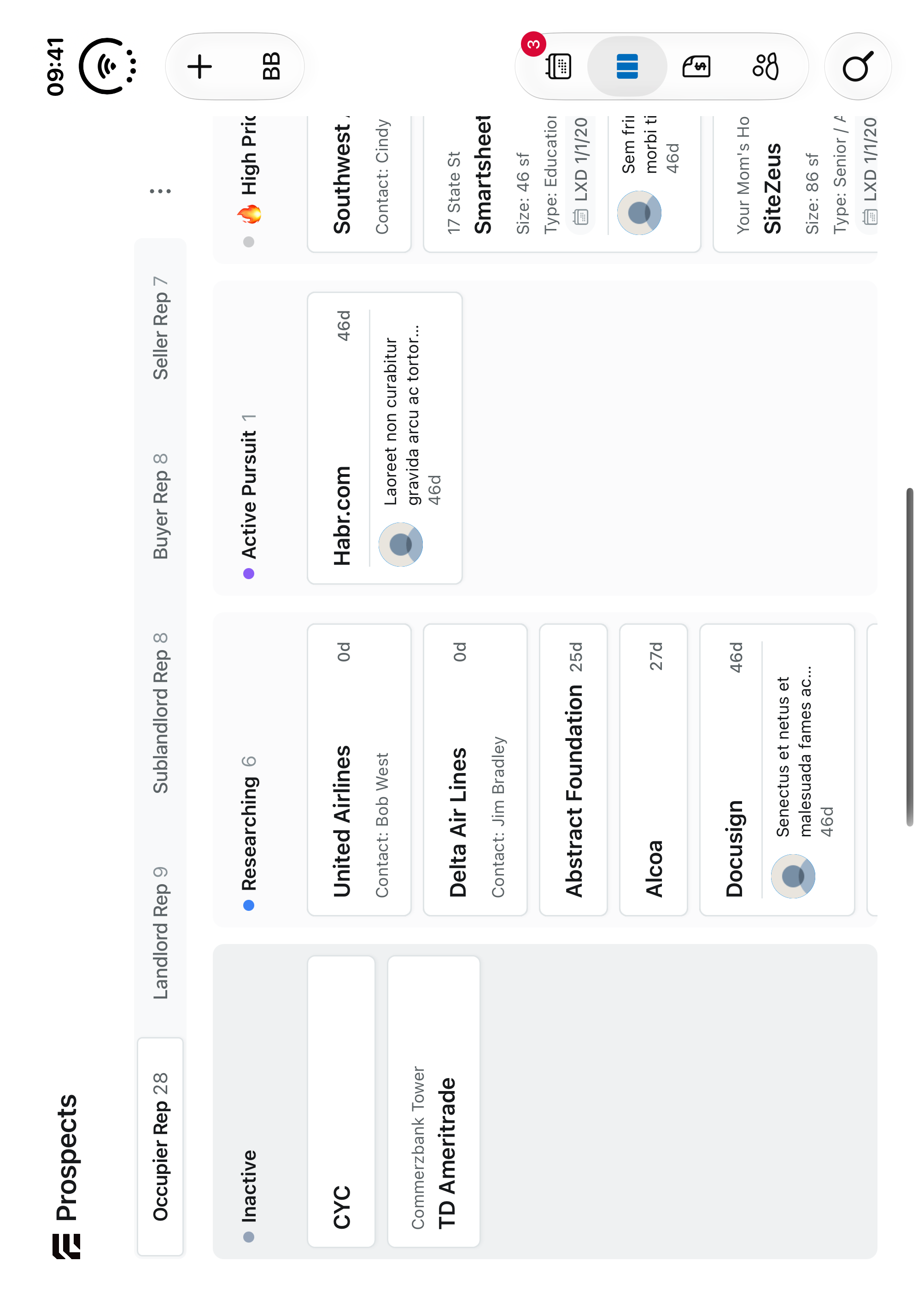 Enaia's Prospect Tracker inside the unfolded iPhone Duo device frame, showing multiple board columns and native side navigation.