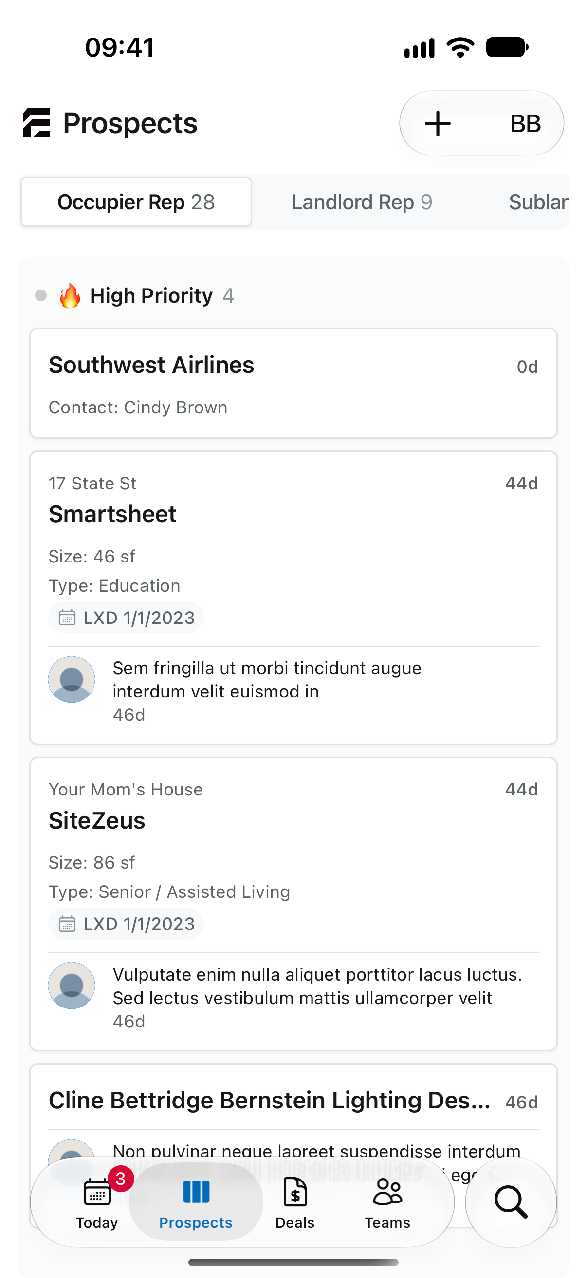 Enaia's Prospect Tracker inside the iPhone device frame, with prospect cards and native bottom navigation.