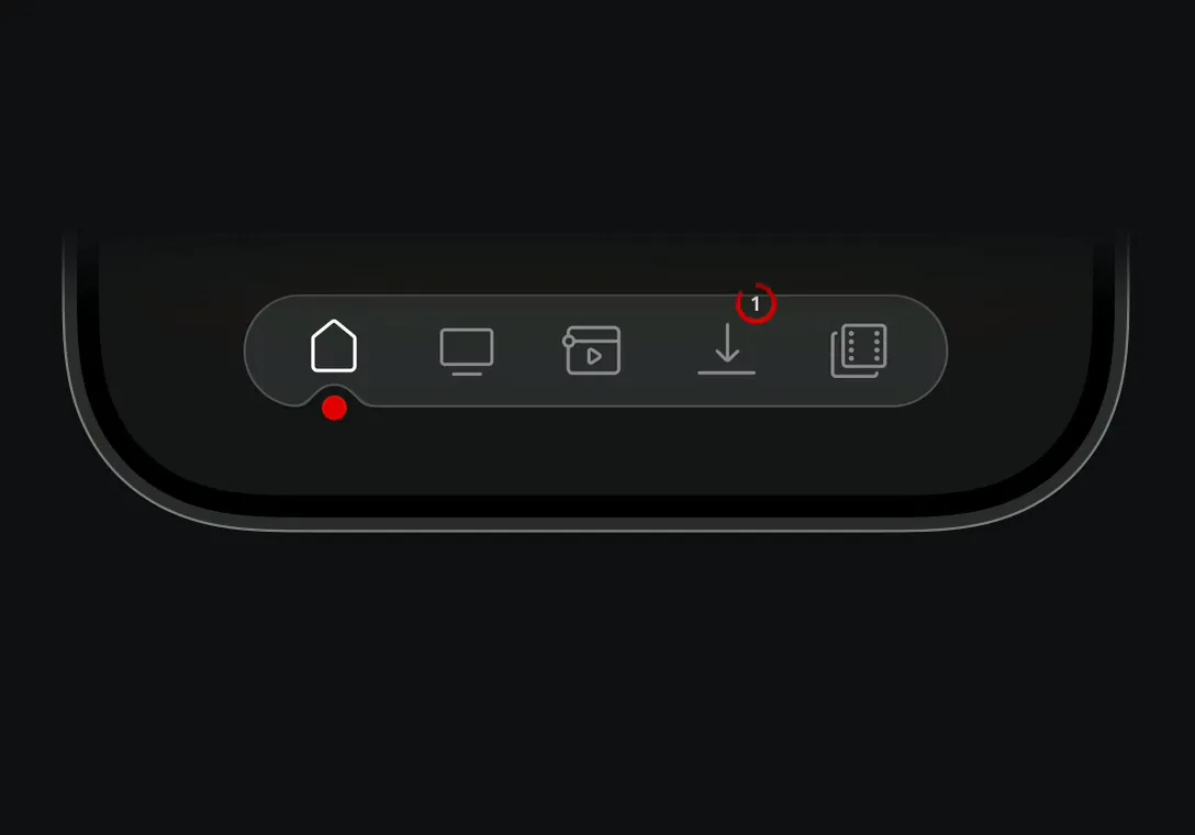 The bottom of a phone, where a red dot below a glass tab bar moves between the tabs