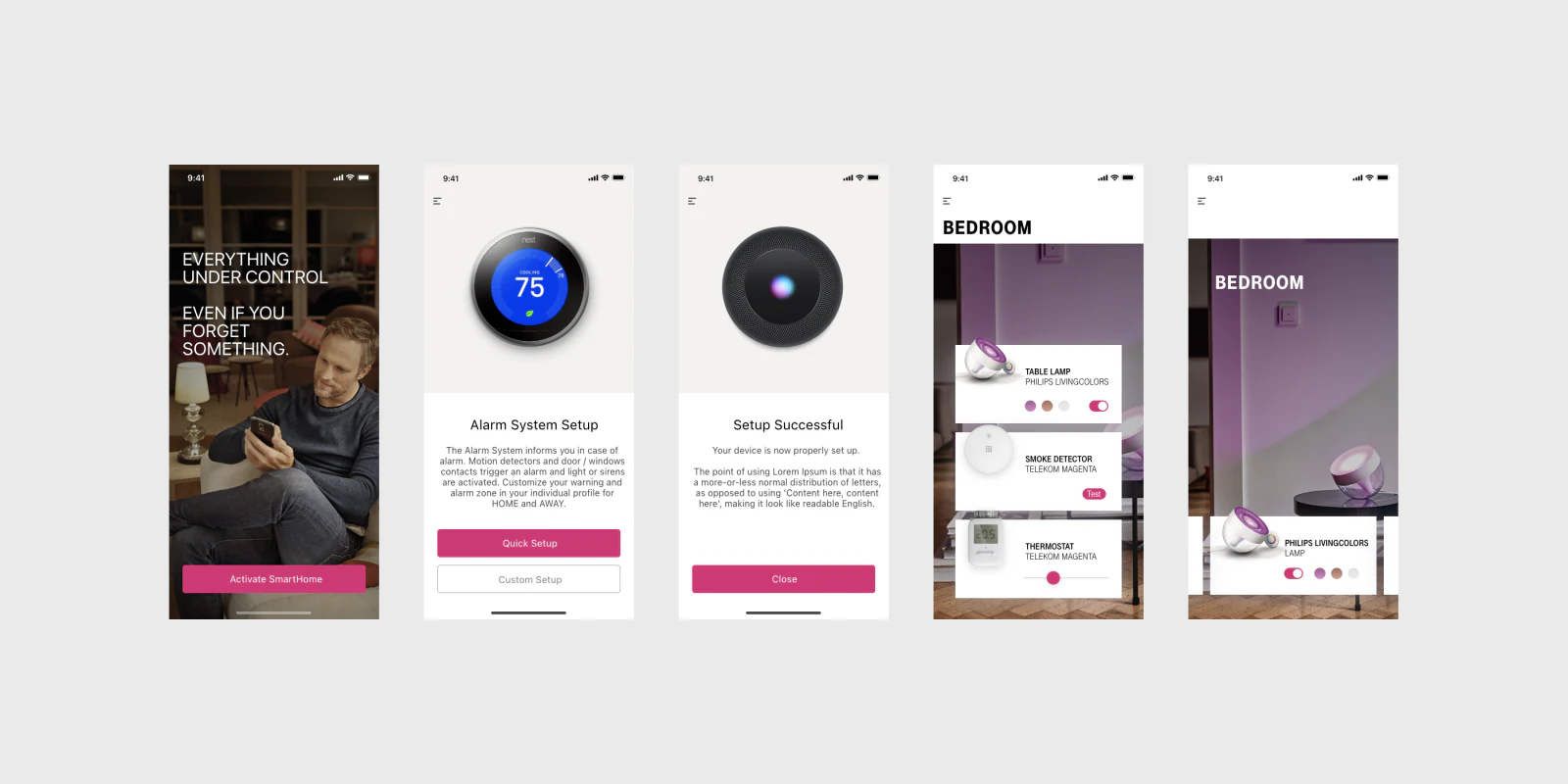 T-Mobile Smart Home concepts — onboarding, device setup and bedroom controls