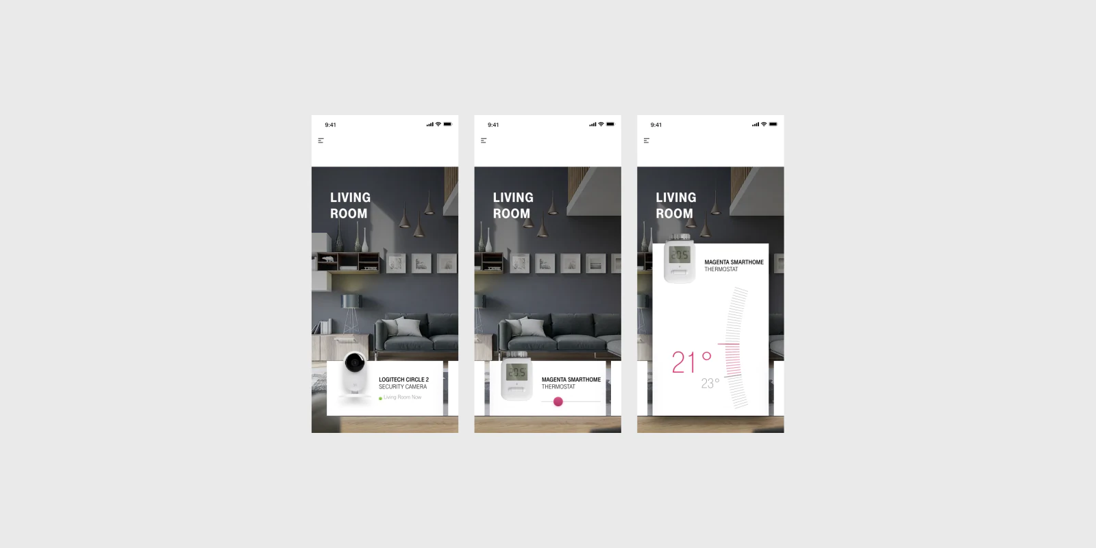 T-Mobile Smart Home concepts — living-room camera and thermostat controls