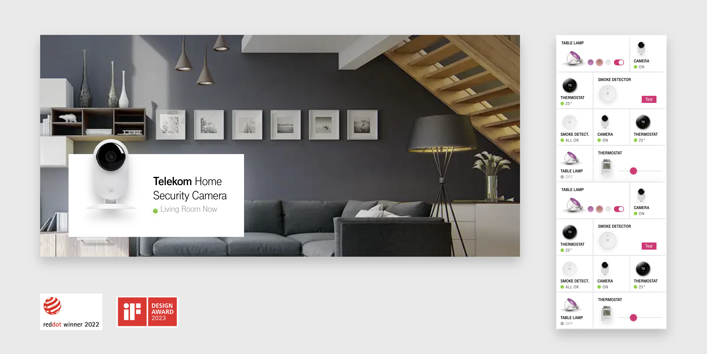 T-Mobile Smart Home concept — a living-room camera view, device controls, and Red Dot and iF Design Award logos