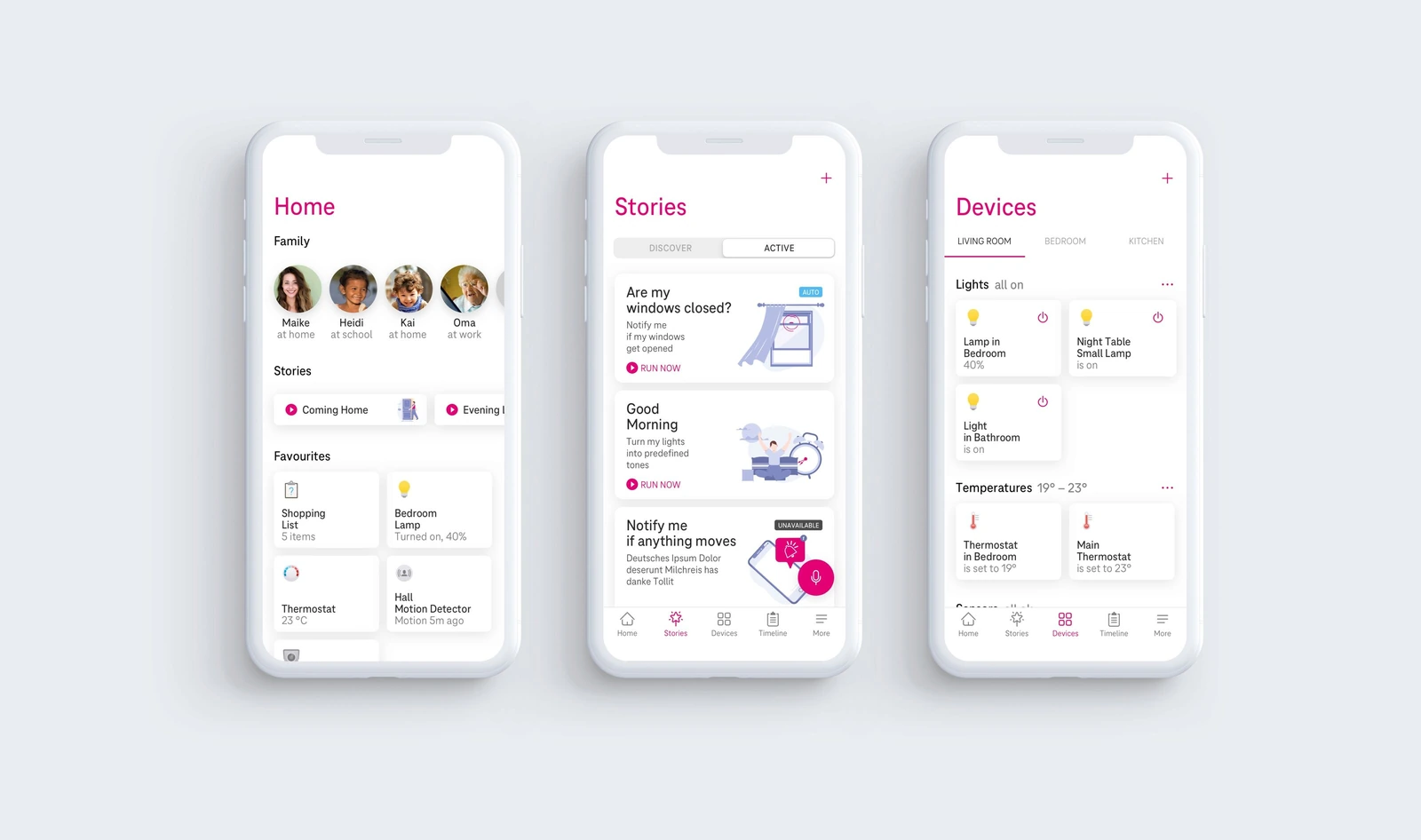 T-Mobile Smart Home’s Home, Stories, and Devices screens