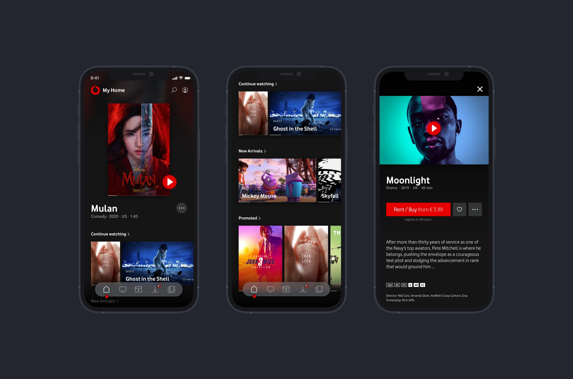 Vodafone TV mobile designs for My Home, discovering films, and movie details