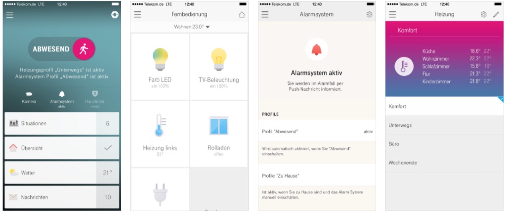 T-Mobile SmartHome app — away mode, remote control, alarm system and heating screens