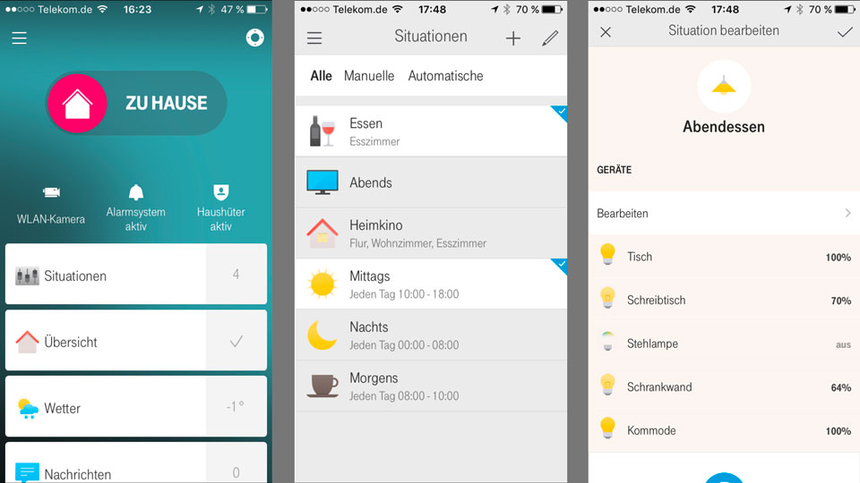 T-Mobile SmartHome app — home screen, the Situationen (situations) list, and editing a situation