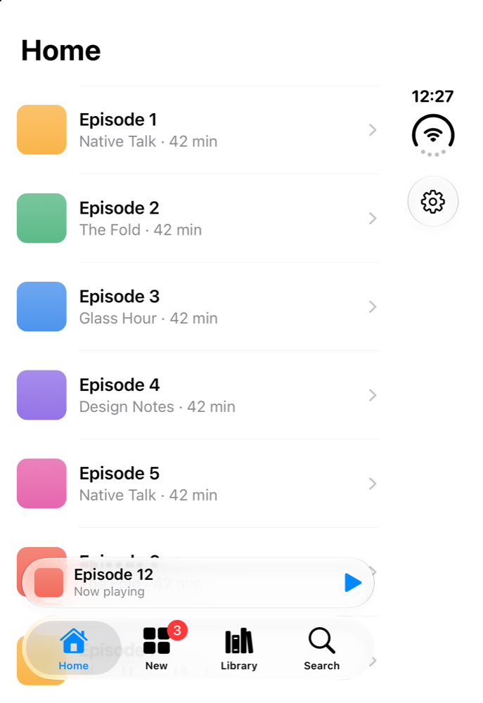 The app with the JavaScript tab bar on the iPhone Duo outer display. The rail on the right holds only the status bar and the Settings button. The tab bar stays a horizontal capsule at the bottom.