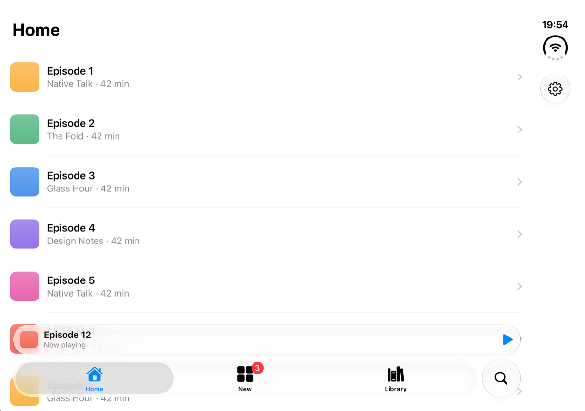The app with the JavaScript tab bar on the half-open iPhone Duo in landscape. The rail on the right holds only the status bar and the Settings button. The tab bar and the mini player run across the full width, over the fold.