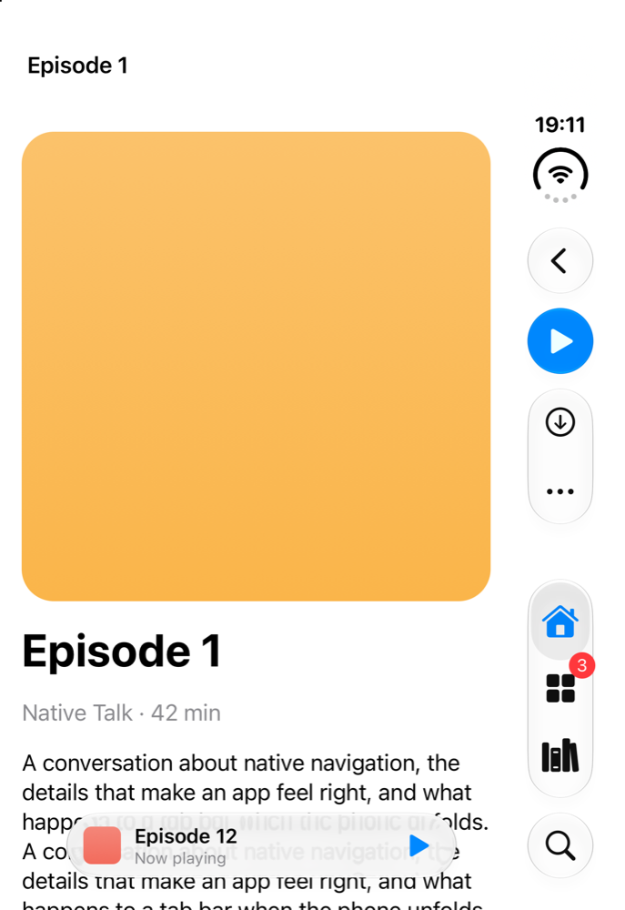 The React Native app’s episode detail screen on the iPhone Duo outer display. The rail holds Back, a blue Play button, Download, an overflow menu and the tab bar. The large artwork and the text use the rest of the screen.