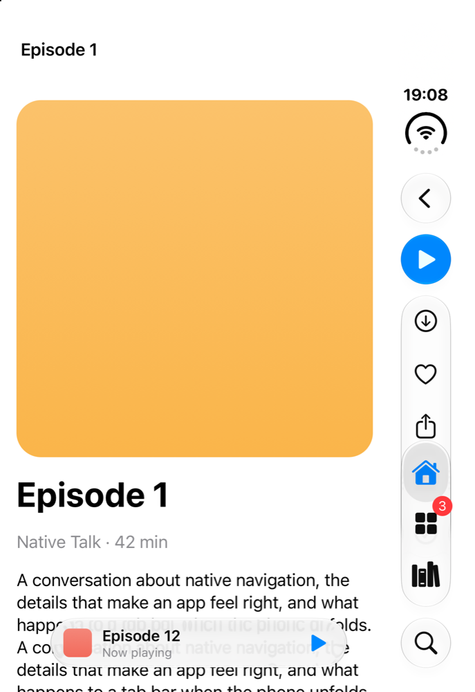 The same detail screen with a root Stack. The toolbar buttons run down the rail and the Share button overlaps the Home tab.