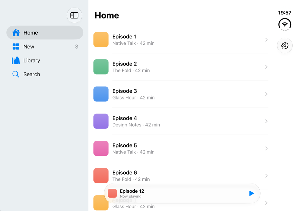 The app with the UIKit tab bar on the open iPhone Duo in landscape, with the tabs shown as a sidebar on the left. Home, New with a badge, Library and Search, each with its label beside the icon.
