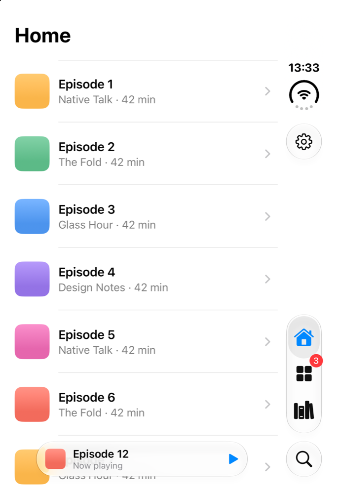 The SwiftUI app on the iPhone Duo outer display. The status bar, the Settings button, the tab bar and the Search circle sit in a vertical rail on the right, and the episode list ends at the rail.